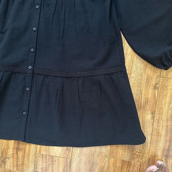 Poheme Paris Lace Detailing Button Front Long Sleeve Tiered Dress Size M/L Black - Picture 3 of 10